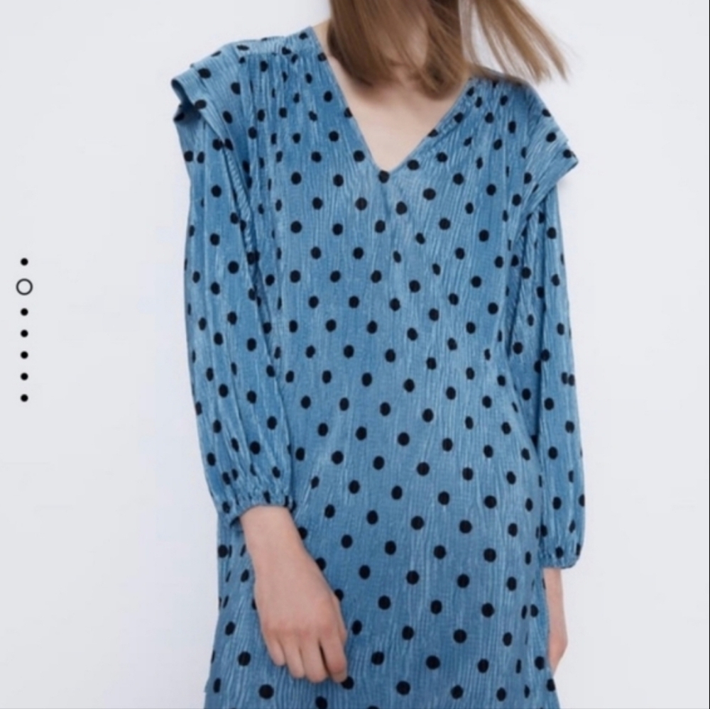 Zara Polka Dot Crinkle Blue Shimmer Long Sleeve Pullover Mini Dress M